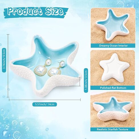 Ocean Themed Ceramic Jewelry Dish, Aqua Blue Seashell Ring Holder Tray for Earrings & Necklaces, Decorative Vanity Organizer for Dresser Top, Bathroom Sink, Gift for Her (Starfish) in Saudi Arabia