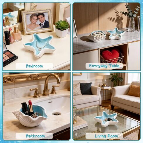 Ocean Themed Ceramic Jewelry Dish, Aqua Blue Seashell Ring Holder Tray for Earrings & Necklaces, Decorative Vanity Organizer for Dresser Top, Bathroom Sink, Gift for Her (Starfish) in Saudi Arabia