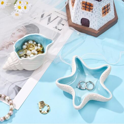 Ocean Themed Ceramic Jewelry Dish, Aqua Blue Seashell Ring Holder Tray for Earrings & Necklaces, Decorative Vanity Organizer for Dresser Top, Bathroom Sink, Gift for Her (Starfish) in Saudi Arabia