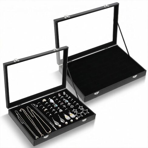 2 Pack Ring Organizer Tray 100 Slots, Velvet Ring Holder with Clear Acrylic Lid, Stackable Jewelry Display Case for Rings Earrings Studs, for Store Showcase Home Dresser Travel (Black) in Saudi Arabia
