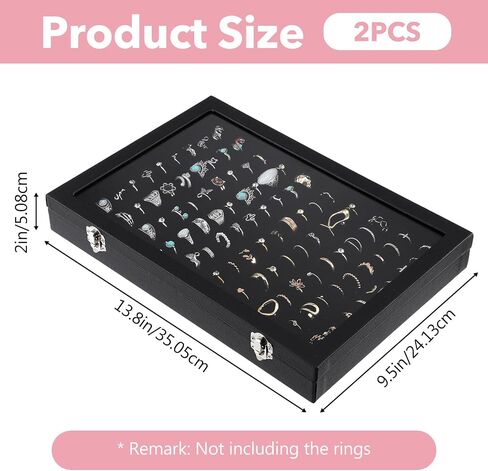 2 Pack Ring Organizer Tray 100 Slots, Velvet Ring Holder with Clear Acrylic Lid, Stackable Jewelry Display Case for Rings Earrings Studs, for Store Showcase Home Dresser Travel (Black) in Saudi Arabia