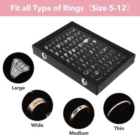 2 Pack Ring Organizer Tray 100 Slots, Velvet Ring Holder with Clear Acrylic Lid, Stackable Jewelry Display Case for Rings Earrings Studs, for Store Showcase Home Dresser Travel (Black) in Saudi Arabia