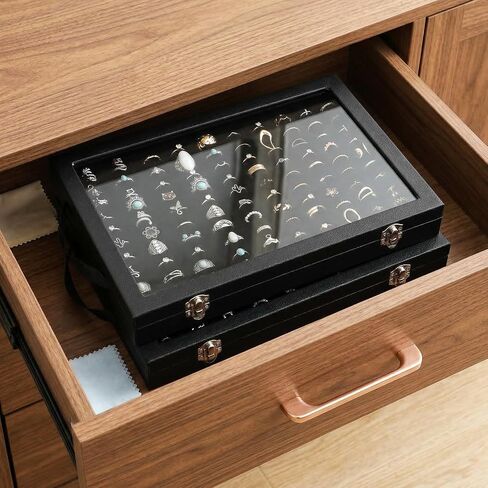2 Pack Ring Organizer Tray 100 Slots, Velvet Ring Holder with Clear Acrylic Lid, Stackable Jewelry Display Case for Rings Earrings Studs, for Store Showcase Home Dresser Travel (Black) in Saudi Arabia