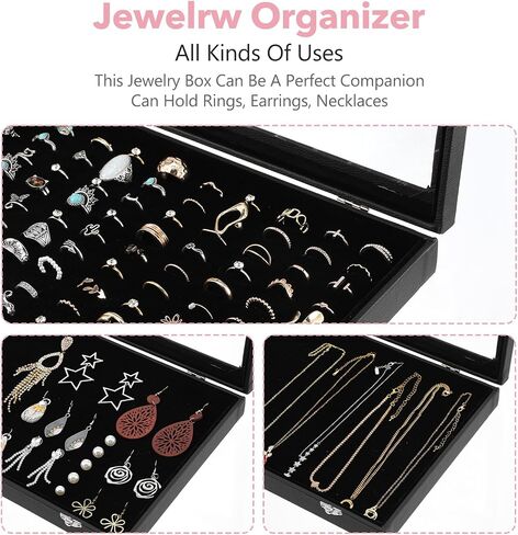 2 Pack Ring Organizer Tray 100 Slots, Velvet Ring Holder with Clear Acrylic Lid, Stackable Jewelry Display Case for Rings Earrings Studs, for Store Showcase Home Dresser Travel (Black) in Saudi Arabia