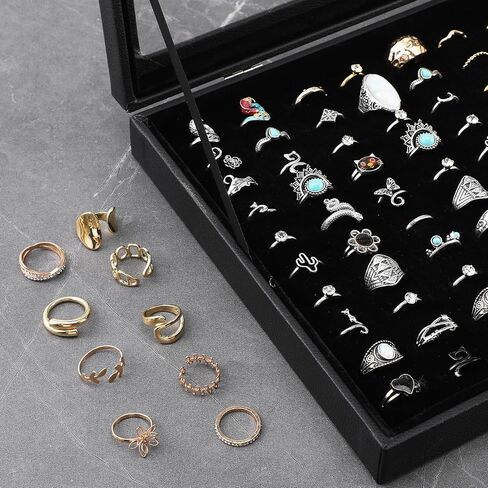 2 Pack Ring Organizer Tray 100 Slots, Velvet Ring Holder with Clear Acrylic Lid, Stackable Jewelry Display Case for Rings Earrings Studs, for Store Showcase Home Dresser Travel (Black) in Saudi Arabia