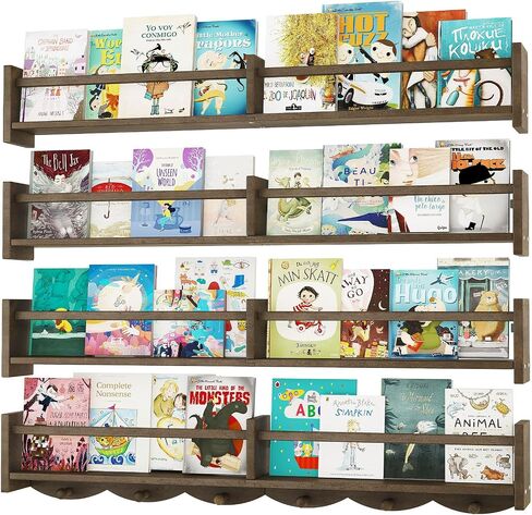 34Inch Nursery Bookshelves,Set of 4,Wall Floating Shelf Kids Coat Rack with 6Hooks,Hanging Book Shelf for Baby Nursery Room Décor (Dark Brown, 34) in Kuwait