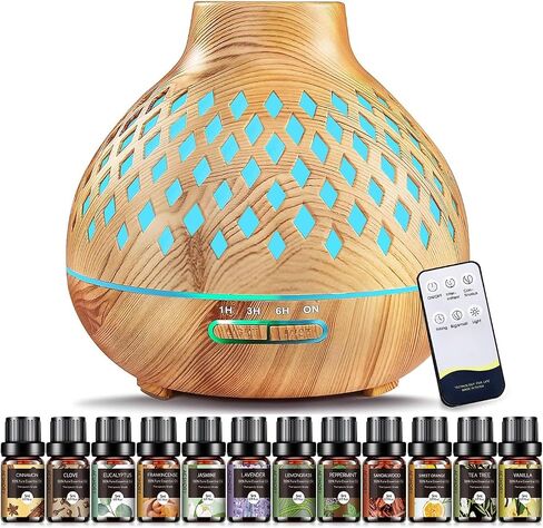 Aeshory Aromatherapy Diffuser & 12 Essential Oils Set, 550ML Aromatherapy Diffuser for Home, Ultrasonic Cool Mist Humidifier with Remote Control 4 Timer 7 Color LED Light, Waterless Auto Off, Dark in Saudi Arabia