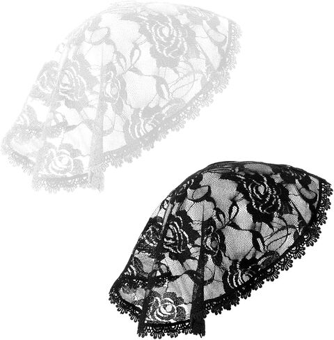 Andibro 2 Pcs Church Head Coverings for Women, Short Lace Veil & Round Floral Mantilla for Catholic Church (White & Black) in Kuwait