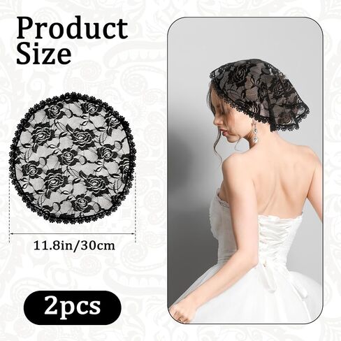 Andibro 2 Pcs Church Head Coverings for Women, Short Lace Veil & Round Floral Mantilla for Catholic Church (White & Black) in Kuwait
