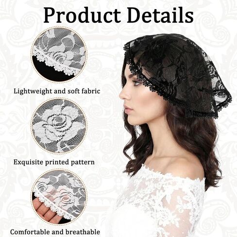 Andibro 2 Pcs Church Head Coverings for Women, Short Lace Veil & Round Floral Mantilla for Catholic Church (White & Black) in Kuwait