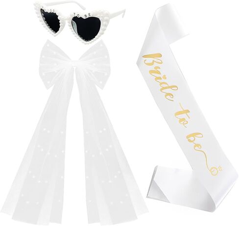 3 Pieces Bride To Be Veil Set Bow Bridal Veil with Clip Bride To Be Sash Heart Glasses with Pearls for Bachelorette Party Engagement Wedding Supplies, White in Saudi Arabia