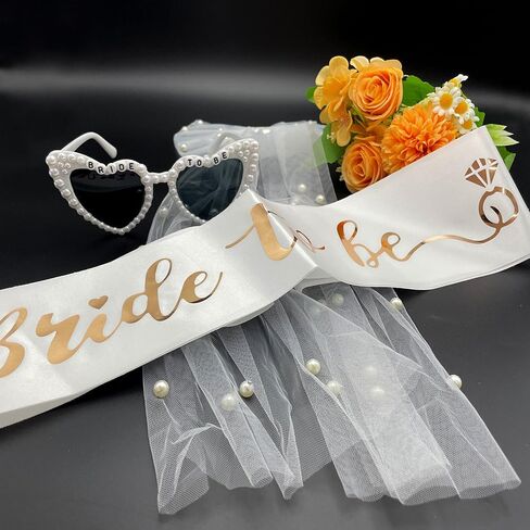 3 Pieces Bride To Be Veil Set Bow Bridal Veil with Clip Bride To Be Sash Heart Glasses with Pearls for Bachelorette Party Engagement Wedding Supplies, White in Saudi Arabia