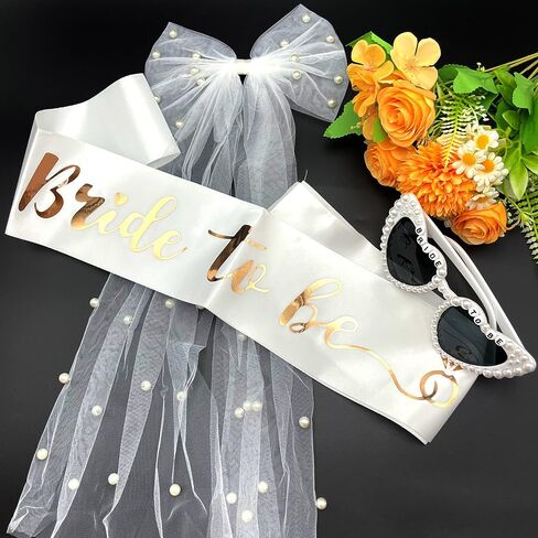 3 Pieces Bride To Be Veil Set Bow Bridal Veil with Clip Bride To Be Sash Heart Glasses with Pearls for Bachelorette Party Engagement Wedding Supplies, White in Saudi Arabia