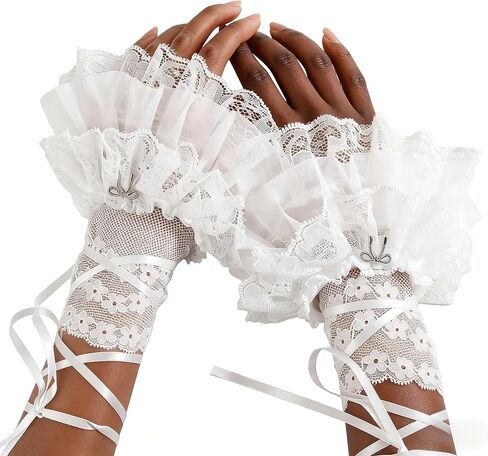 Womens Lolita Accessories, Lace Cuffs, Ruched Fingerless Gloves, Vintage Ballerina Ribbon Sleeve for Spring Summer in Kuwait