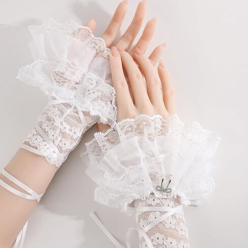 Womens Lolita Accessories, Lace Cuffs, Ruched Fingerless Gloves, Vintage Ballerina Ribbon Sleeve for Spring Summer in Kuwait
