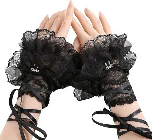 Womens Lolita Accessories, Lace Cuffs, Ruched Fingerless Gloves, Vintage Ballerina Ribbon Sleeve for Spring Summer in Kuwait