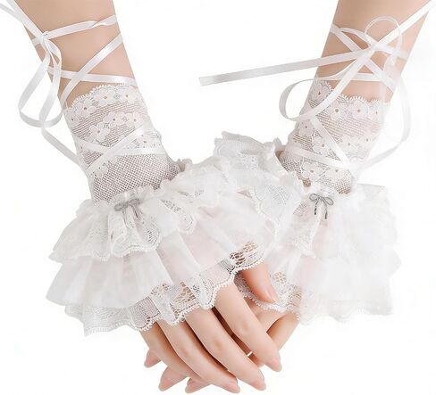Womens Lolita Accessories, Lace Cuffs, Ruched Fingerless Gloves, Vintage Ballerina Ribbon Sleeve for Spring Summer in Kuwait