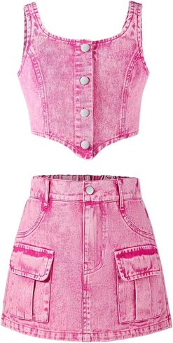 WDIRARA Girl's Denim 2 Piece Outfits Button Down Sleeveless Vest Jean Skirt Set in Kuwait
