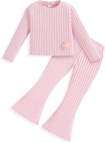 Toddler Girl Clothes Long Sleeve Ribbed Outfits Flared Pant Two Piece Fall Winter Clothing Sets for Girls 2-8 Years in Kuwait