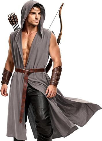 3PCS Mens Renaissance Hooded Surcoat Set, Medieval Sleeveless Tabard with Viking Belt & Bracers for Halloween Cosplay in Saudi Arabia
