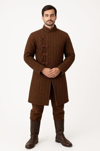 AnNafi® Medieval Thick Padded Gambeson Coat Aketon | Full Sleeves Brown Gambeson Armor Costume | Theatre Costumes Dress SCA in Kuwait