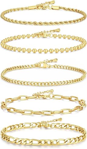 Gold Bracelet for Women Waterproof, 14K Gold Plated Stackable Link Bracelet Set Adjustable Paperclip Chain Cuban Rope Layered Jewelry Sets for Womens Mom Mother's Day Fashion Accessories in Saudi Arabia