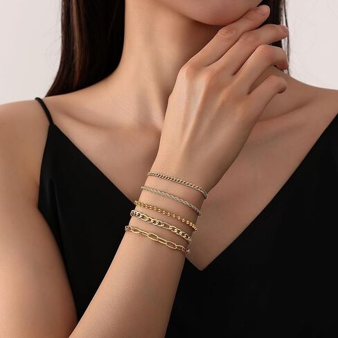 Gold Bracelet for Women Waterproof, 14K Gold Plated Stackable Link Bracelet Set Adjustable Paperclip Chain Cuban Rope Layered Jewelry Sets for Womens Mom Mother's Day Fashion Accessories in Saudi Arabia
