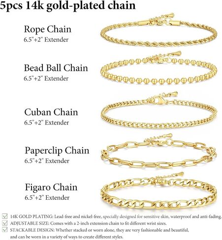 Gold Bracelet for Women Waterproof, 14K Gold Plated Stackable Link Bracelet Set Adjustable Paperclip Chain Cuban Rope Layered Jewelry Sets for Womens Mom Mother's Day Fashion Accessories in Saudi Arabia
