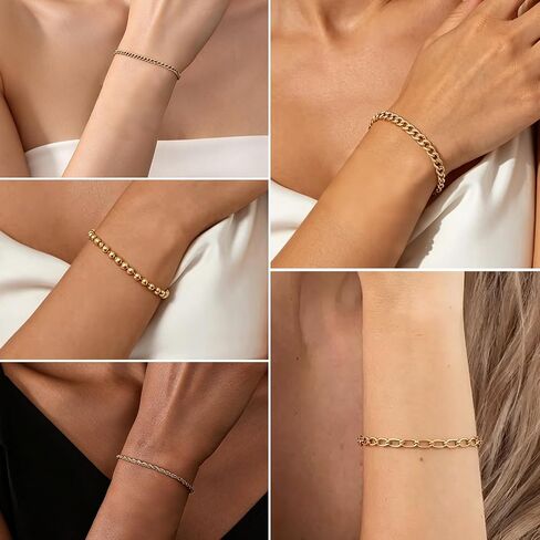 Gold Bracelet for Women Waterproof, 14K Gold Plated Stackable Link Bracelet Set Adjustable Paperclip Chain Cuban Rope Layered Jewelry Sets for Womens Mom Mother's Day Fashion Accessories in Saudi Arabia