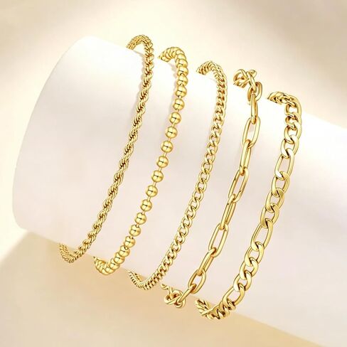Gold Bracelet for Women Waterproof, 14K Gold Plated Stackable Link Bracelet Set Adjustable Paperclip Chain Cuban Rope Layered Jewelry Sets for Womens Mom Mother's Day Fashion Accessories in Saudi Arabia