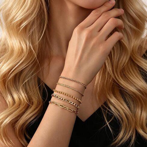 Gold Bracelet for Women Waterproof, 14K Gold Plated Stackable Link Bracelet Set Adjustable Paperclip Chain Cuban Rope Layered Jewelry Sets for Womens Mom Mother's Day Fashion Accessories in Saudi Arabia