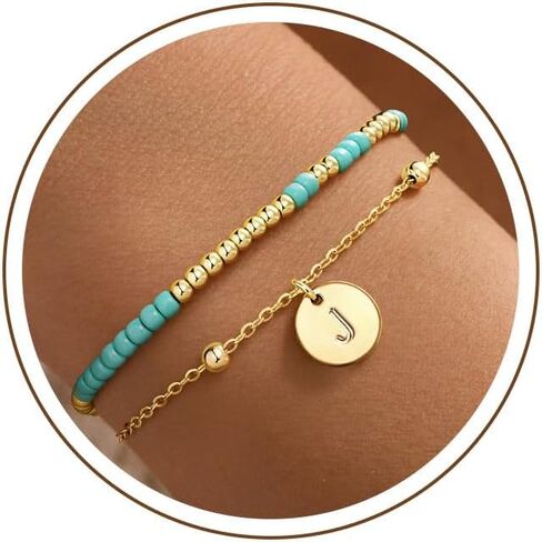Turandoss Turquoise Initial Bracelets for Girls - 14K Gold Plated Beaded Layered Created Turquoise Letter A-Z Disc Pendant Bracelet Trendy Summer Western Jewelry Friendship Gifts for Women Girls in Kuwait