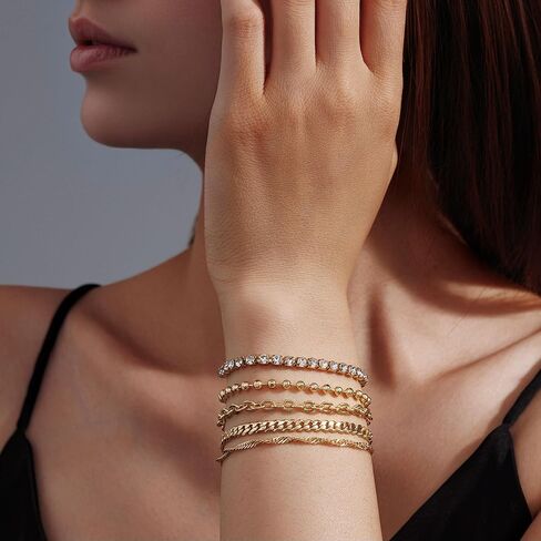 SEADAY 14K Gold Plated Stackable Bracelets for Women, 5 Piece Adjustable Tarnish-Resistant Hypoallergenic Fashion Jewelry Gifts in Kuwait