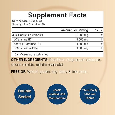 NatureBell Triple L-Carnitine 3000 مجم ** لكل وجبة، 240 كبسولة | مركب كارنيتين 3 في 1 مع إل-كارنيتين حمض الهيدروكلوريك، الكارنتين والطرطرات | غير معدل وراثيًا in Kuwait