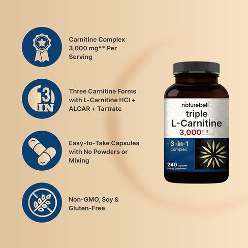 NatureBell Triple L-Carnitine 3000 مجم ** لكل وجبة، 240 كبسولة | مركب كارنيتين 3 في 1 مع إل-كارنيتين حمض الهيدروكلوريك، الكارنتين والطرطرات | غير معدل وراثيًا in Kuwait