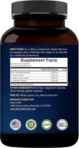 NatureBell Triple L-Carnitine 3000 مجم ** لكل وجبة، 240 كبسولة | مركب كارنيتين 3 في 1 مع إل-كارنيتين حمض الهيدروكلوريك، الكارنتين والطرطرات | غير معدل وراثيًا in Kuwait