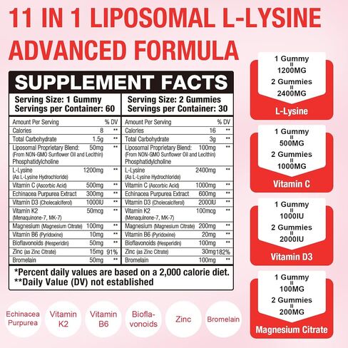 2 Pack Liposomal L-Lysine 2400mg & Vitamin C 1000mg Gummies - with D3 K2 Zinc, Magnesium, Echinacea - for Lips & Oral Wellness,Immune Support, Skin Health & Energy Boost in Kuwait