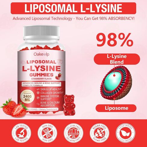 2 Pack Liposomal L-Lysine 2400mg & Vitamin C 1000mg Gummies - with D3 K2 Zinc, Magnesium, Echinacea - for Lips & Oral Wellness,Immune Support, Skin Health & Energy Boost in Kuwait