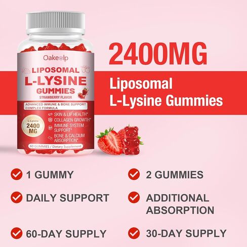 2 Pack Liposomal L-Lysine 2400mg & Vitamin C 1000mg Gummies - with D3 K2 Zinc, Magnesium, Echinacea - for Lips & Oral Wellness,Immune Support, Skin Health & Energy Boost in Kuwait