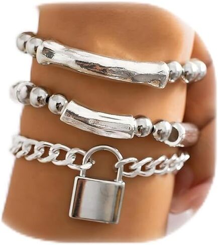 3 PCS Chunky Silver Bracelet Stack Set Women's Stretch Bracelets Stretchy Bracelets for Women，Layered Bracelets for Women in Saudi Arabia