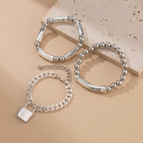 3 PCS Chunky Silver Bracelet Stack Set Women's Stretch Bracelets Stretchy Bracelets for Women，Layered Bracelets for Women in Saudi Arabia