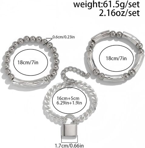 3 PCS Chunky Silver Bracelet Stack Set Women's Stretch Bracelets Stretchy Bracelets for Women，Layered Bracelets for Women in Saudi Arabia