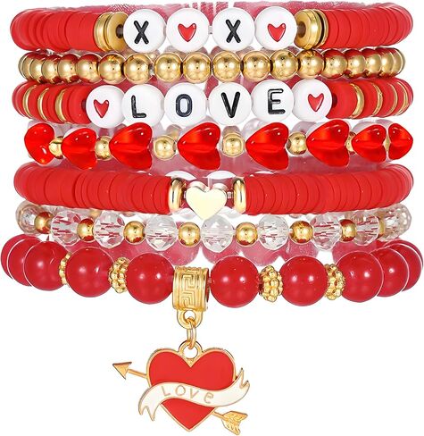coadipress Valentine's Day Bracelets Red Heart Charms Bracelets for Women Dianty Crystal Pearl Beaded Stackable Layered Love Bracelet Birthday Valentines Gifts for Lover Wife in Kuwait
