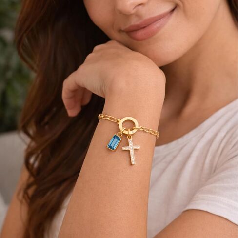 Personalized Cross Birthstone Bracelet for Women - Custom Gemstone Charm, Christian Gifts for Baptism Confirmation First Communion, Religious Faith Jewelry, Easter Gift with Premium Box in Saudi Arabia