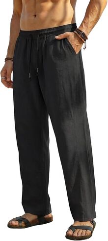 Mens Casual Pants Drawstring Summer Beach Trousers Textured Lightweight Breathable Slacks with Elastic Waist in Saudi Arabia