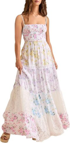 Women Floral Maxi Dress Smocked Spaghetti Strap Lace Patchwork Tiered Boho Long Dress Vacation Garden Party in Kuwait