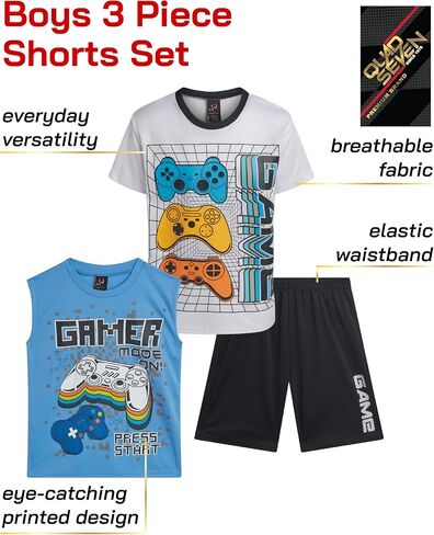 Quad Seven Boys Active Shorts Set - 3 Piece Athletic Dry Fit Graphic Tees Tank Tops and Basketball Shorts for Boys in Kuwait