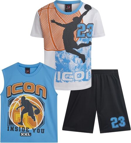 Quad Seven Boys Active Shorts Set - 3 Piece Athletic Dry Fit Graphic Tees Tank Tops and Basketball Shorts for Boys in Kuwait