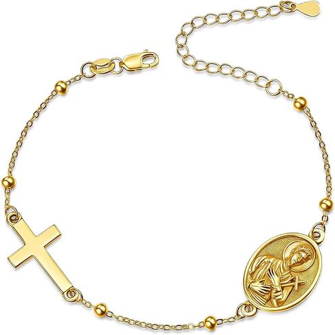 Patron Saint Bracelet, 14K Gold Bracelet Cross, Catholic Jewelry Religious Medal Christian Gift For Women with 7"+2" Adjustable Cable Chain in Saudi Arabia