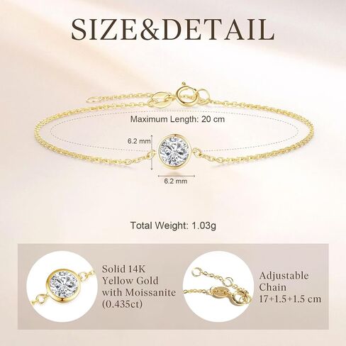 FANCIME 14k Solid Yellow Gold Moissanite Bracelet Fine Jewelry Anniversary Birthday Gifts for Women, 6.7"+ 1.2" Extender in Saudi Arabia